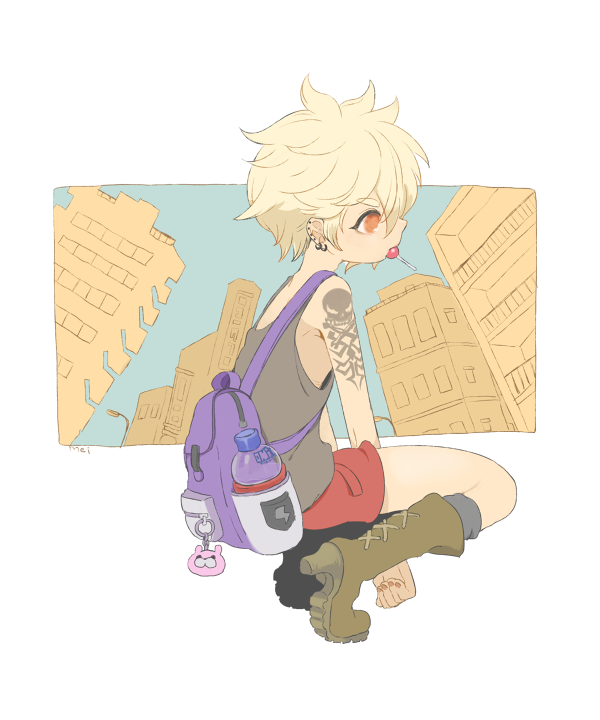 backpack, bag, blonde_hair, boots, building, candy, earrings, high_heels, jewelry, lamppost, lollipop, meily, mouth_hold, orange_eyes, original, profile, short_hair, skull, solo, squatting, tank_top, tattoo