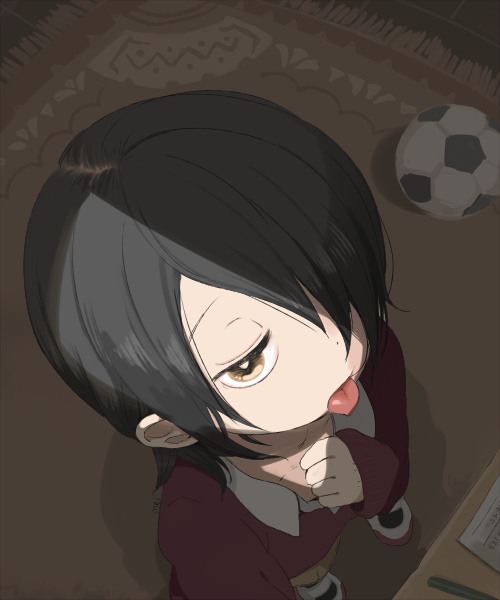 ball, black_hair, brown_eyes, from_above, hair_over_one_eye, indoors, meily, original, rug, soccer_ball, solo, telstar, tongue, tongue_out