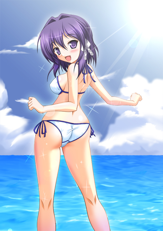 ass, bikini, clannad, fujibayashi_kyou, looking_back, open_mouth, purple_eyes, purple_hair