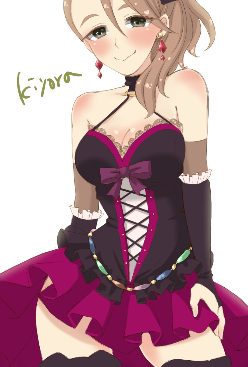 1girl, bare_shoulders, breasts, bridal_gauntlets, brown_hair, cleavage, contrapposto, corset