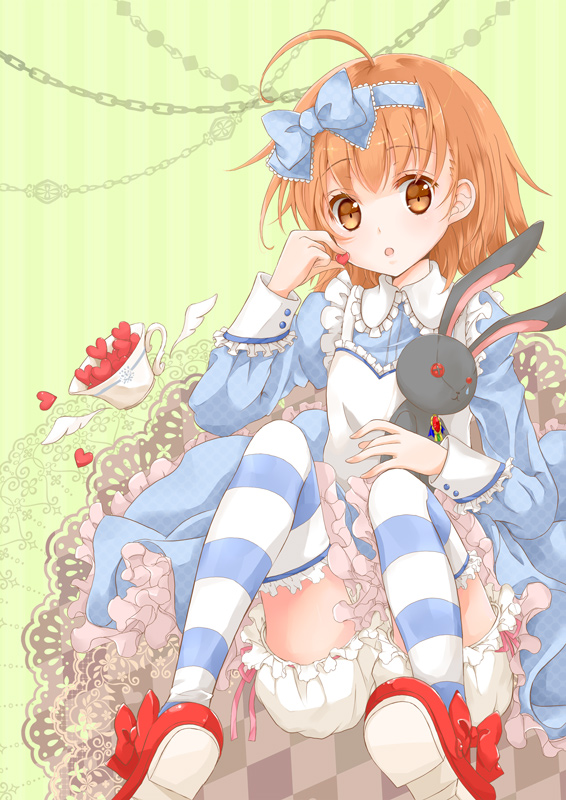 1girl, ahoge, bloomers, blue_ribbon, bow, button_eyes, cup, dress