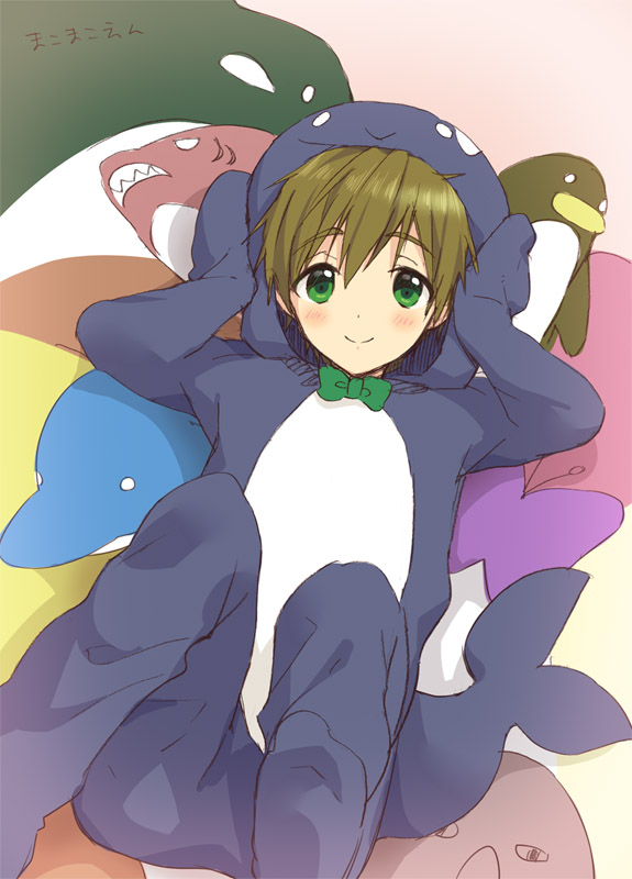 1boy, blush, bowtie, brown_hair, butterfly, dolphin, free!, funikurikurara