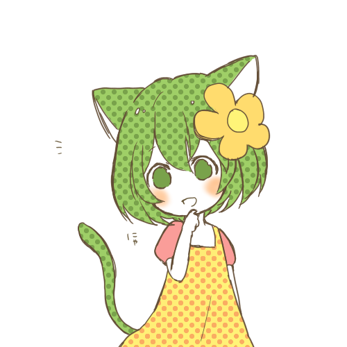 1girl, animal_ears, blush, cat_ears, cat_tail, dress, finger_to_chin, flower