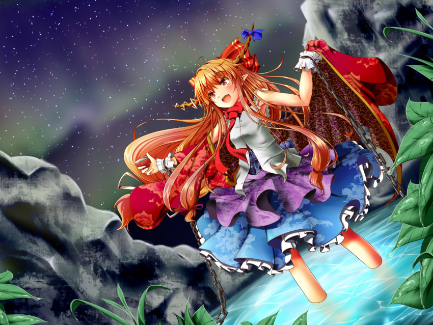 1girl, adapted_costume, aurora, bare_arms, blonde_hair, bow, chain, fang