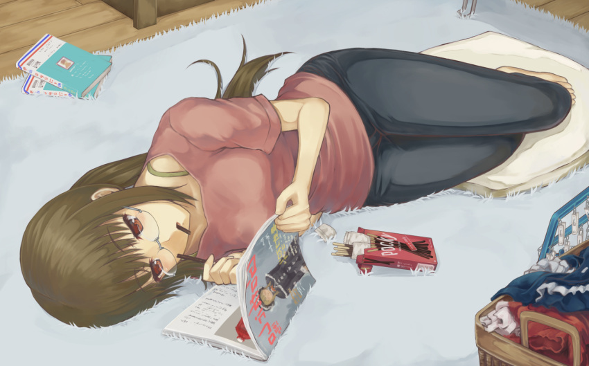 alternate_costume, glasses, hino_taka, lying, ogasawara_rinko, on_side, pocky, ponytail
