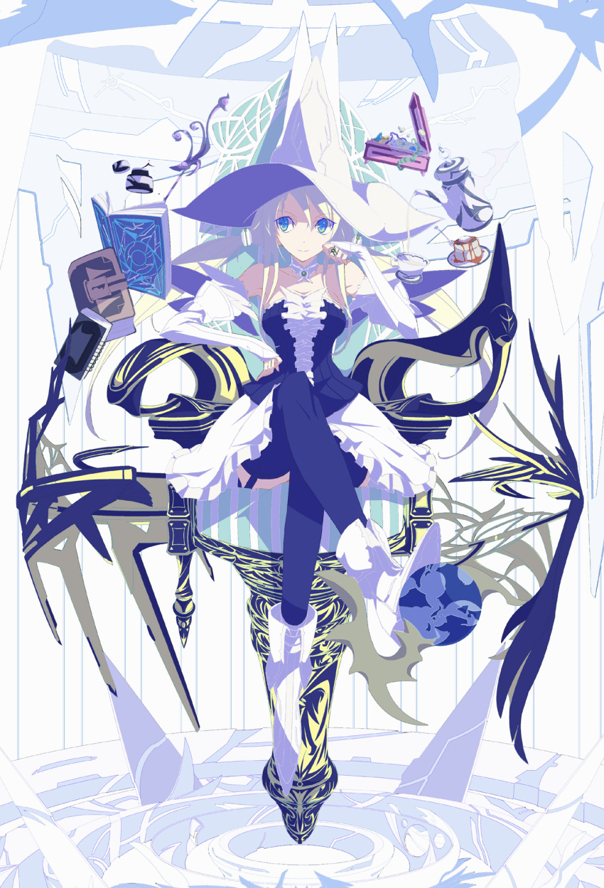 1girl, bare_shoulders, black_legwear, blue_eyes, boots, cup, detached_sleeves, dress, earrings, elbow_gloves, floating_book, floating_object, fork, frilled_dress, frills, garter_straps, gloves, hair_ornament, hamasin2424, hat, highres, ink_bottle, jewelry, notebook, original, ring, sitting, solo, teacup, teapot, thigh-highs, throne, twintails, white_boots, witch, witch_hat