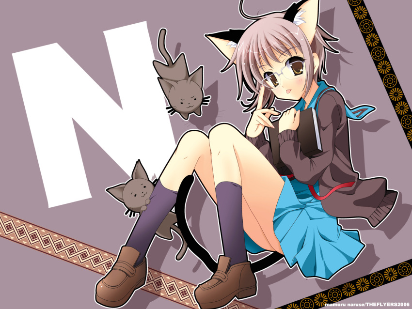 :p, ahoge, blush, book, brown_eyes, brown_hair, cardigan, cat, cat_ears, catgirl, glasses, highres, knee_highs, kneehighs, mamoru_naruse, nagato_yuki, naruse_mamoru, nekomimi, school_uniform, seifuku, shoes, short_hair, skirt, socks, suzumiya_haruhi_no_yuuutsu, tail, tongue, uniform, wallpaper