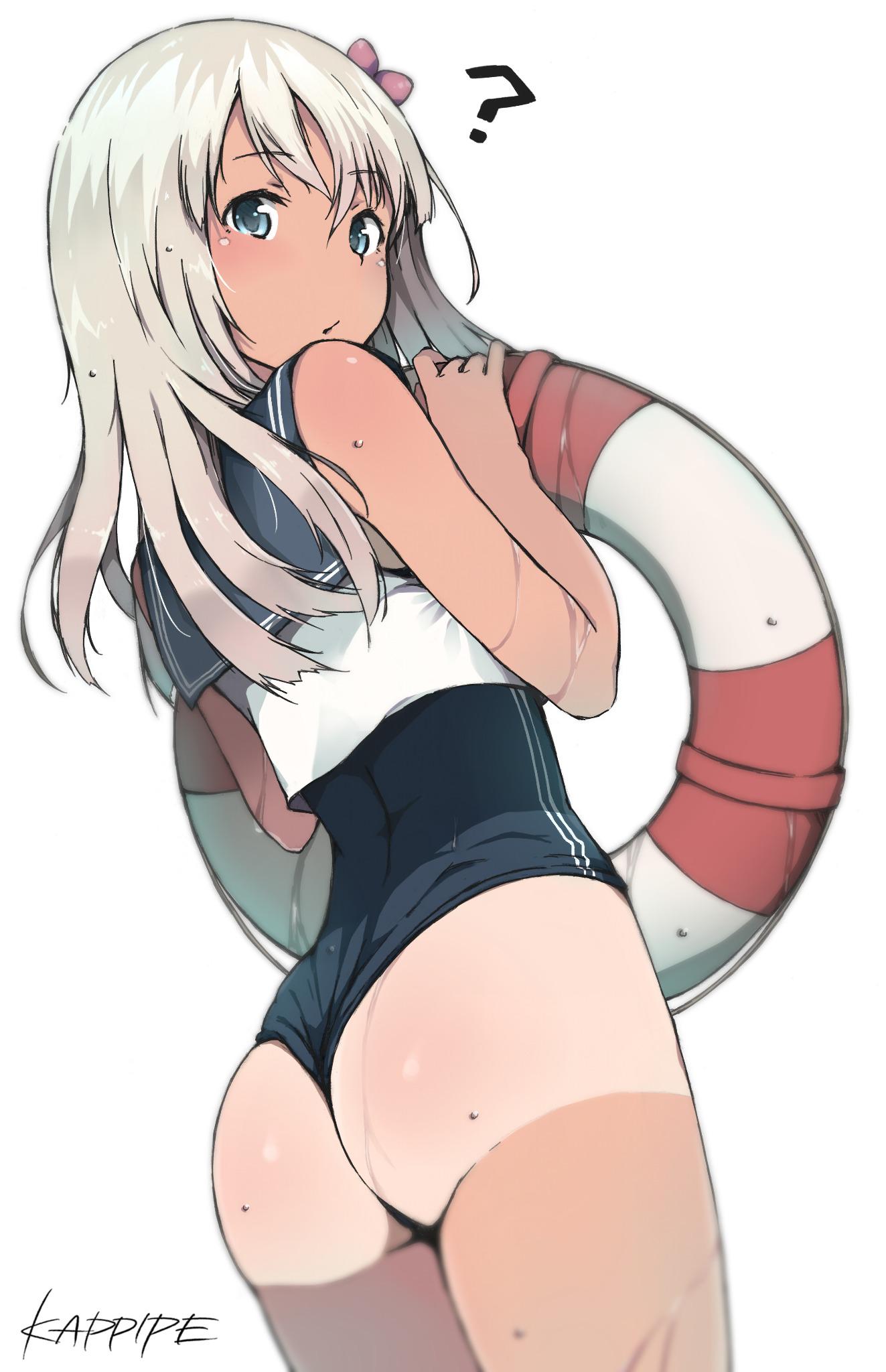 ass, blue_eyes, highres, innertube, kantai_collection, kappipe_(brd0520), ro-500_(kantai_collection), silver_hair