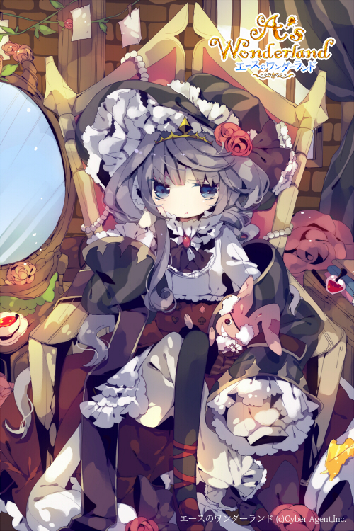a's_wonderland, ana_(rznuscrf), bangs, black_legwear, blue_eyes, blunt_bangs, bow, brick_wall
