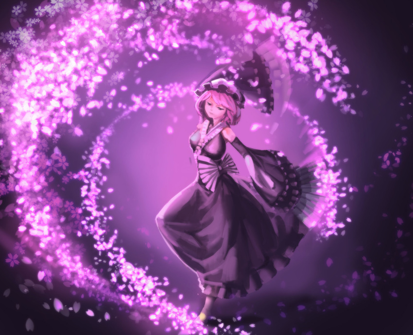 1girl, adapted_costume, alternate_eye_color, arm_up, breasts, bridow, dancing, detached_sleeves