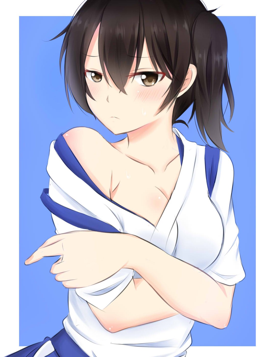 1girl, atari_(ariq323), black_eyes, black_hair, blue_background, blush, breasts, bust