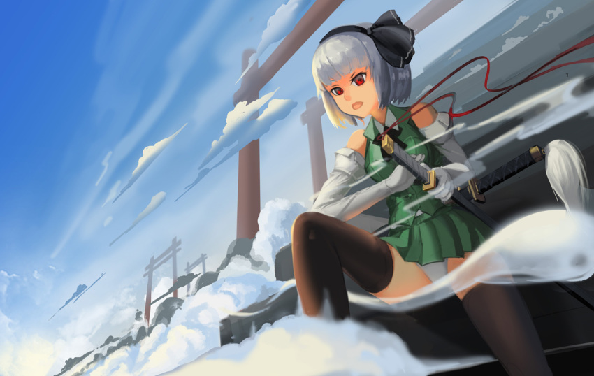 1girl, adapted_costume, alternate_eye_color, black_legwear, blue_sky, breasts, bridow, clouds