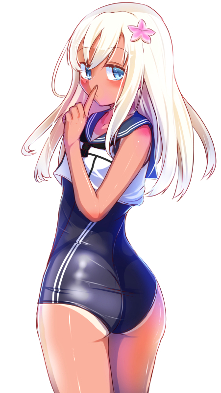 1girl, ass, blonde_hair, blue_eyes, blue_swimsuit, flower, hair_flower, hair_ornament