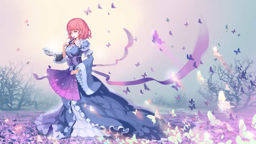 1girl, backlighting, bow, breasts, bridow, butterfly, dual_wielding, ears, fan, floral_print, folding_fan, folding_fan_design, frilled_kimono, highres, japanese_clothes, kimono, long_ribbon, long_sleeves, looking_to_the_side, mist, nature, no_hat, obi, petals, pink_eyes, pink_hair, ribbon-trimmed_collar, ribbon_trim, saigyouji_yuyuko, sash, scenery, smile, solo, standing, sunlight, touhou, tree, wide_sleeves, wind