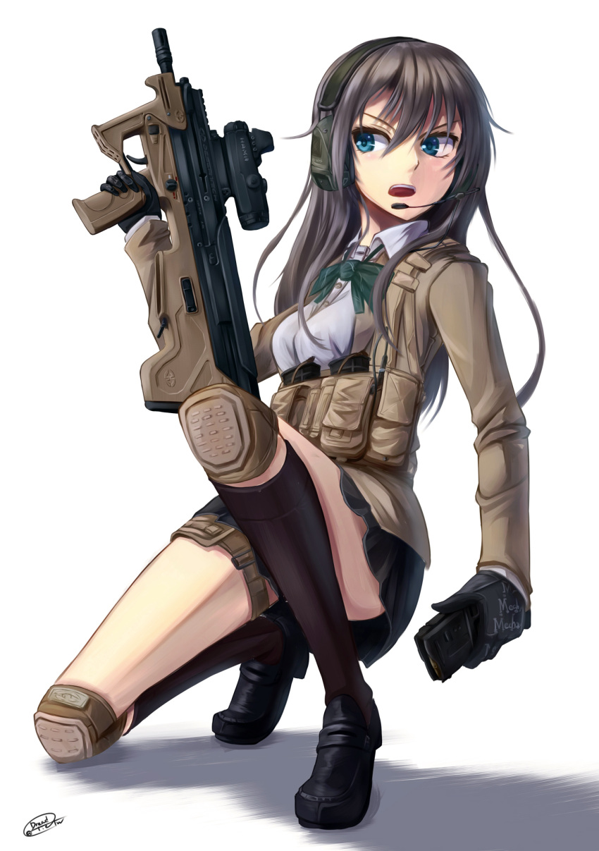 1girl, assault_rifle, black_hair, blue_eyes, bullpup, desert_tech_mdr, dreadtie, gloves, gun, headset, highres, knee_pads, kneehighs, kneeling, long_hair, looking_to_the_side, magazine_(weapon), open_mouth, original, school_uniform, scope, skirt, solo, thigh_strap, trigger_discipline, weapon