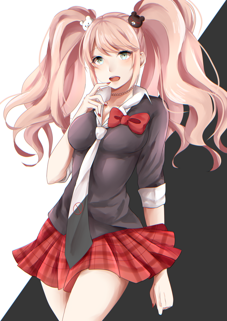 1girl, blue_eyes, bow, breasts, choker, cleavage, dangan_ronpa, dangan_ronpa_1