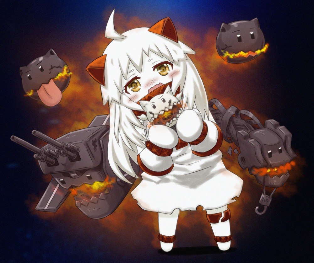 1girl, ahoge, dress, floating_fortress_(kantai_collection), horns, kantai_collection, long_hair, looking_at_viewer