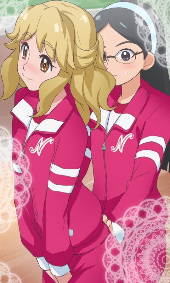 2girls, black_eyes, black_hair, blonde_hair, blush, brown_eyes, glasses, go!_princess_precure