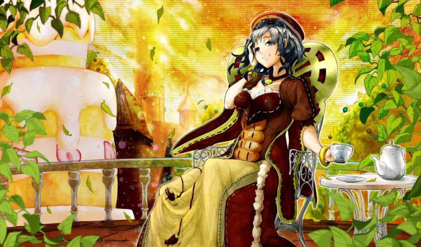 1girl, artist_request, balcony, bracelet, cake, castle, cup, dress, duel_monster, erolj, evening, food, grey_eyes, headdress, jewelry, leaf, looking_at_viewer, madolche_queen_tiaramisu, necklace, short_hair, silver_hair, sitting, smile, teacup, teapot, wind, yuu-gi-ou