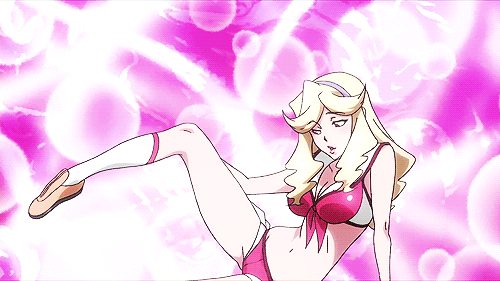 1girl, animated, ass, blonde_hair, boobies_uniform, breasts, cleavage, front-tie_top