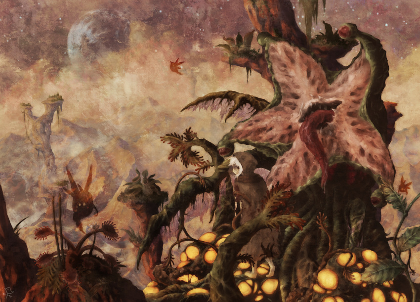 amemidori, cloak, elder_thing, highres, lovecraft, moon, mountain, no_humans