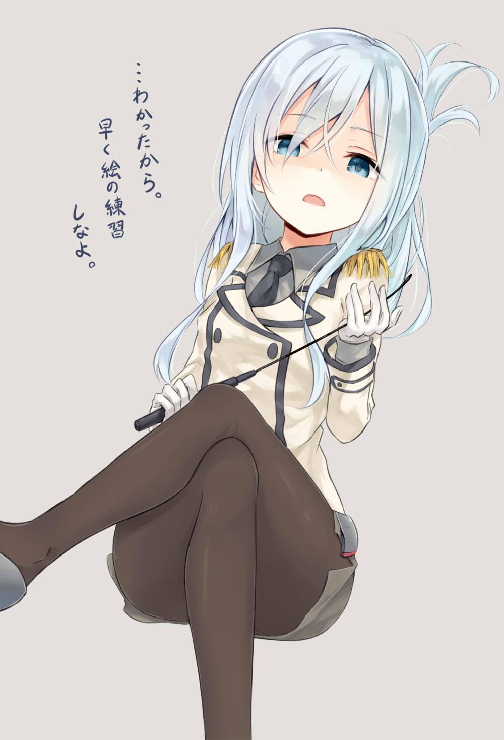 1girl, azuuru_(azure0608), blue_eyes, cosplay, epaulettes, folded_ponytail, gloves, hibiki_(kantai_collection)