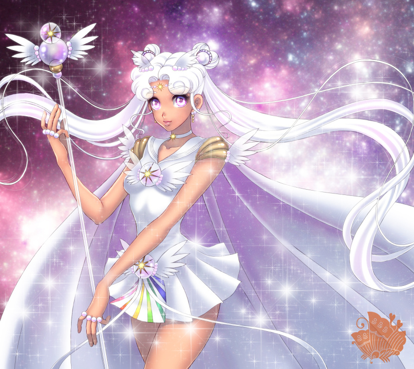 1girl, bangs, bishoujo_senshi_sailor_moon, cape, choker, cowboy_shot, double_bun, dress, earrings, facial_mark, floating_hair, forehead_mark, hair_ornament, highres, jewelry, long_hair, parted_bangs, ring, sailor_cosmos, short_dress, solo, sparkle, staff, twintails, very_long_hair, violet_eyes, white_dress, white_hair, xuexue_yue_hua
