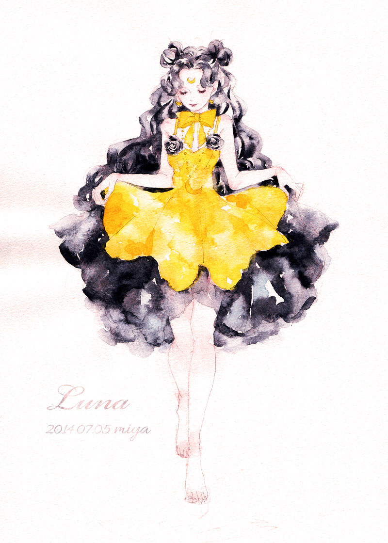 artist_name, bangs, bare_legs, barefoot, bishoujo_senshi_sailor_moon, black_hair, bowtie, character_name, closed_eyes, clothes_grab, crescent_moon, dated, double_bun, dress, facial_mark, forehead_mark, full_body, jewelry, light_smile, long_hair, luna_(sailor_moon), luna_(sailor_moon)_(human), miya_(akatabi_dante), moon, necklace, parted_bangs, ribbon, traditional_media, very_long_hair, walking, watercolor_(medium), yellow_bow, yellow_dress, yellow_ribbon