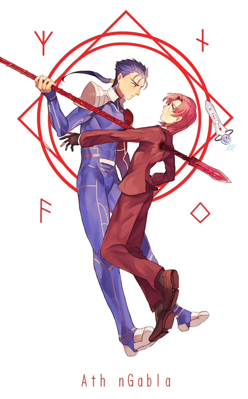 1boy, 1girl, bazett_fraga_mcremitz, blood, blue_hair, fate/hollow_ataraxia, fate_(series), formal
