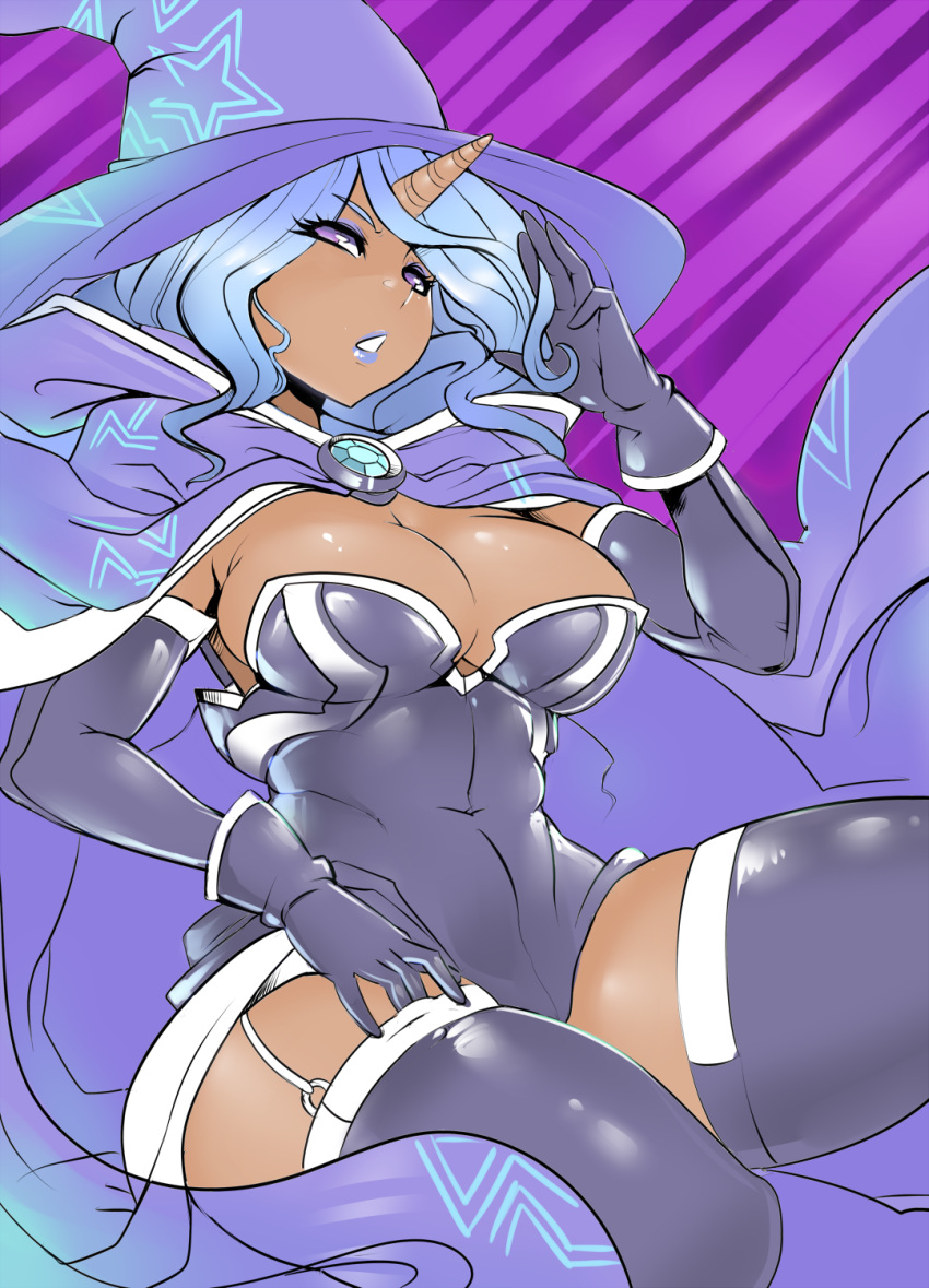 1girl, blue_hair, breasts, cape, dark_skin, elbow_gloves, garter_straps, gloves, hat, highres, horn, large_breasts, maniacpaint, my_little_pony, my_little_pony_friendship_is_magic, personification, thick_thighs, thigh-highs, thighs, trixie_lunamoon, violet_eyes, wizard_hat
