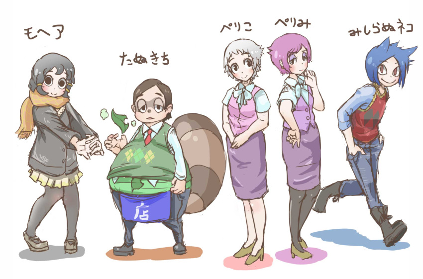 2boys, 3girls, cat_ears, chamawatari, doubutsu_no_mori, doubutsu_no_mori_e+, gijinka, highres