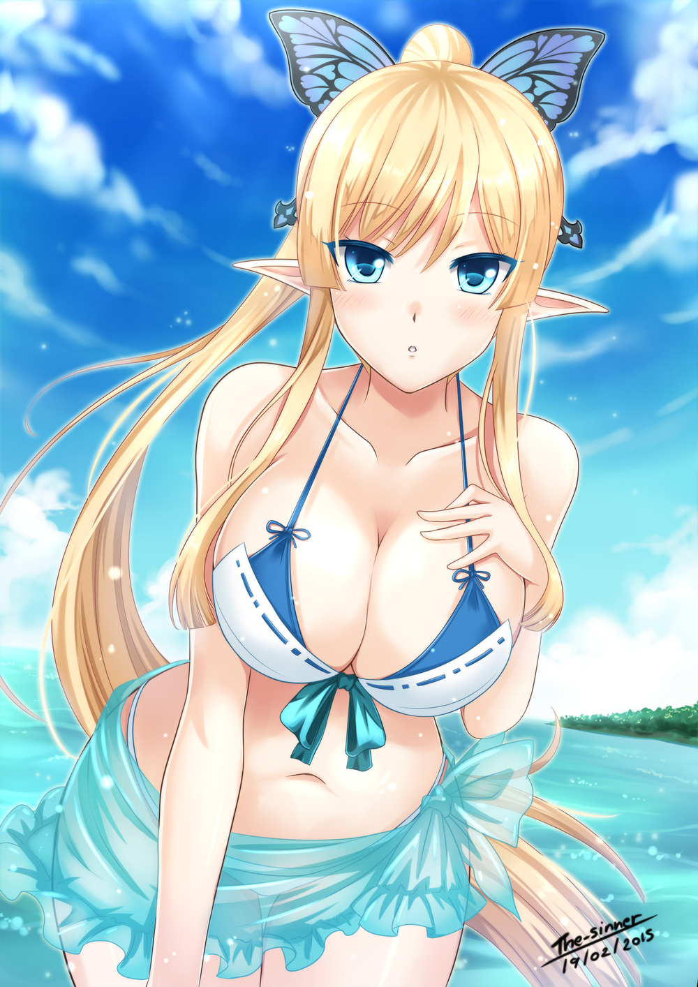 1girl, bikini, blonde_hair, blue_eyes, breasts, butterfly, butterfly_hair_ornament, cleavage