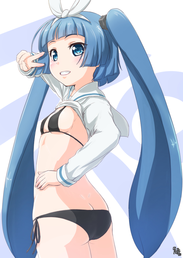 1girl, ayama_yuiya, bikini, blue_eyes, blue_hair, character_request, long_hair, shirt_lift