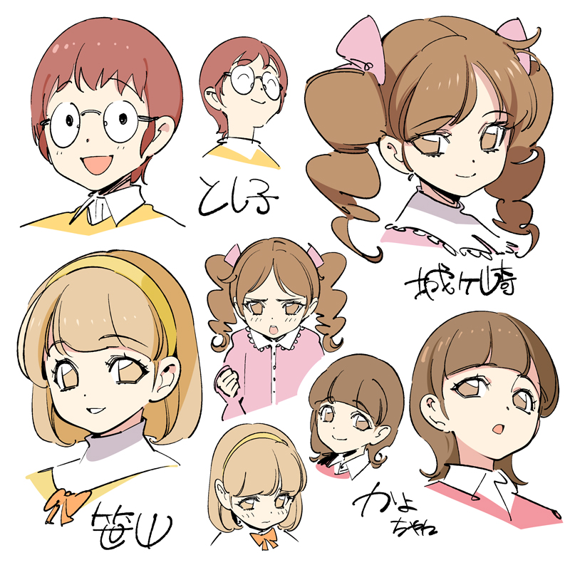 chibi_maruko-chan, drill_hair, glasses, hair_ribbon, hairband, jougasaki_himeko, pop_kyun, ribbon, sasayama_kazuko, tsuchihashi_toshiko, twin_drills, yamada_kayoko