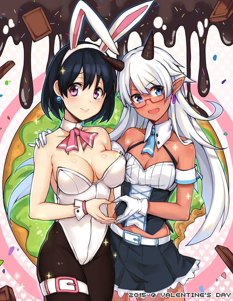 2015, 2girls, animal_ears, black_box, black_hair, breasts, bunnysuit, chocolate, choker, cleavage, dark_skin, earrings, fake_animal_ears, fang, glasses, gloves, hairband, heart, heart_hands, heart_hands_duo, horns, jewelry, leotard, long_hair, multiple_girls, original, pantyhose, pink_eyes, pointy_ears, rabbit_ears, short_hair, skirt, smile, thigh_strap, valentine, white_hair, wrist_cuffs