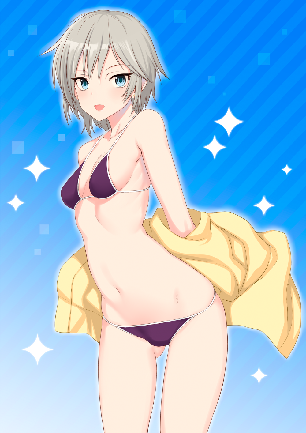 1girl, anastasia_(idolmaster), bikini, blue_bikini, blue_eyes, blush, breasts, earrings