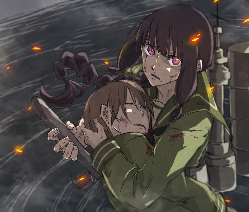 2girls, bangs, black_hair, blood, blunt_bangs, braid, brown_hair, highres, injury, kantai_collection, kitakami_(kantai_collection), long_hair, multiple_girls, nina_(deconiina), ooi_(kantai_collection), school_uniform, serafuku, torpedo