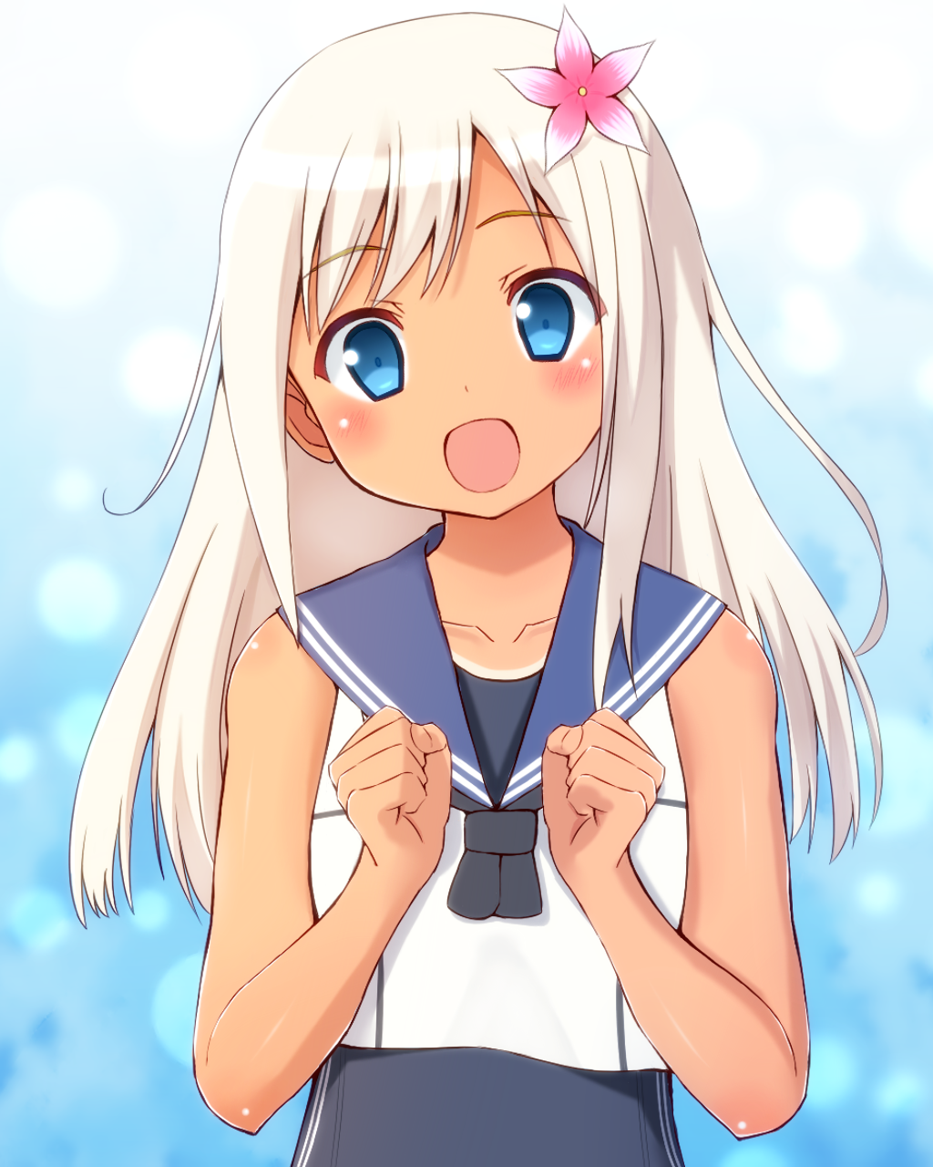 1girl, :d, blue_eyes, blush, flower, hair_flower, hair_ornament, highres