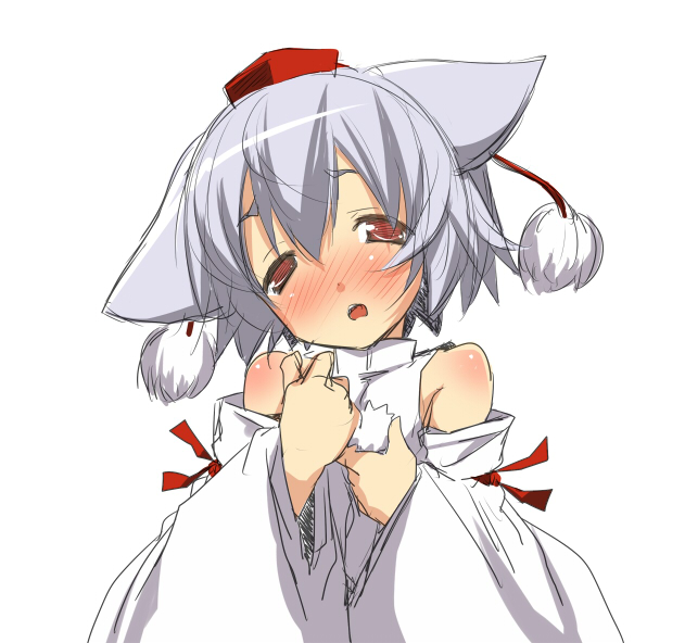 bare_shoulders, blush, hermmy, inubashiri_momiji, simple_background, sketch, touhou, wolf_ears