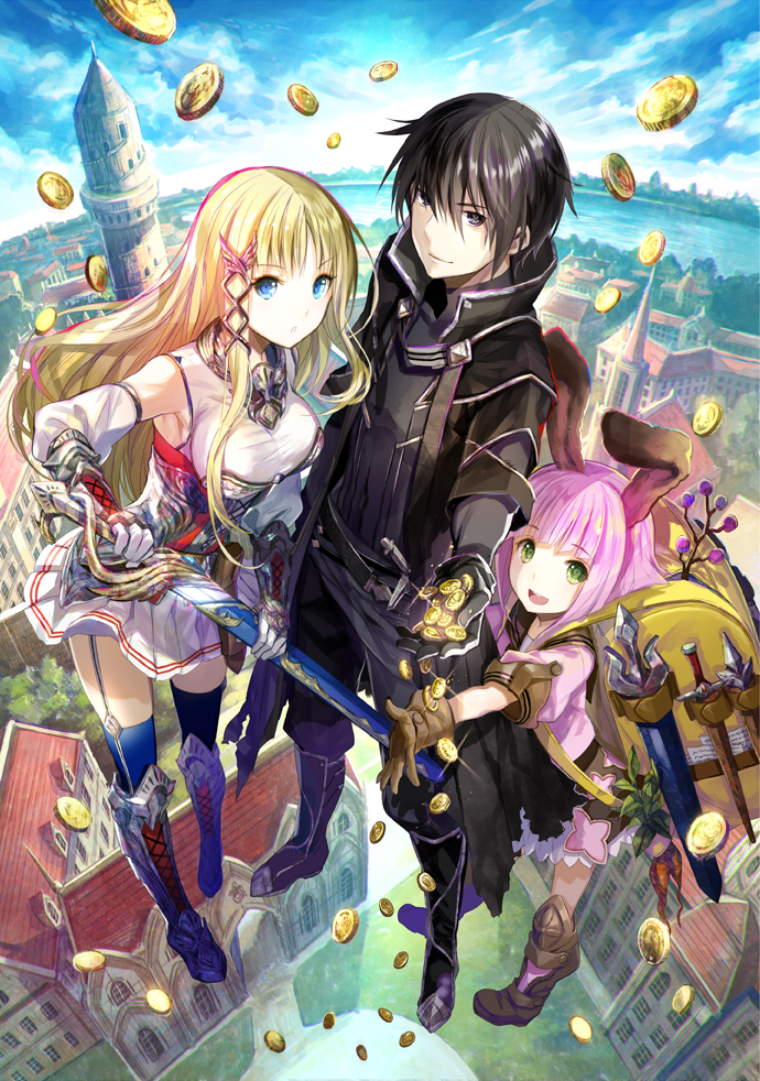 1boy, 2girls, animal_ears, backpack, bag, black_coat, black_gloves, black_hair