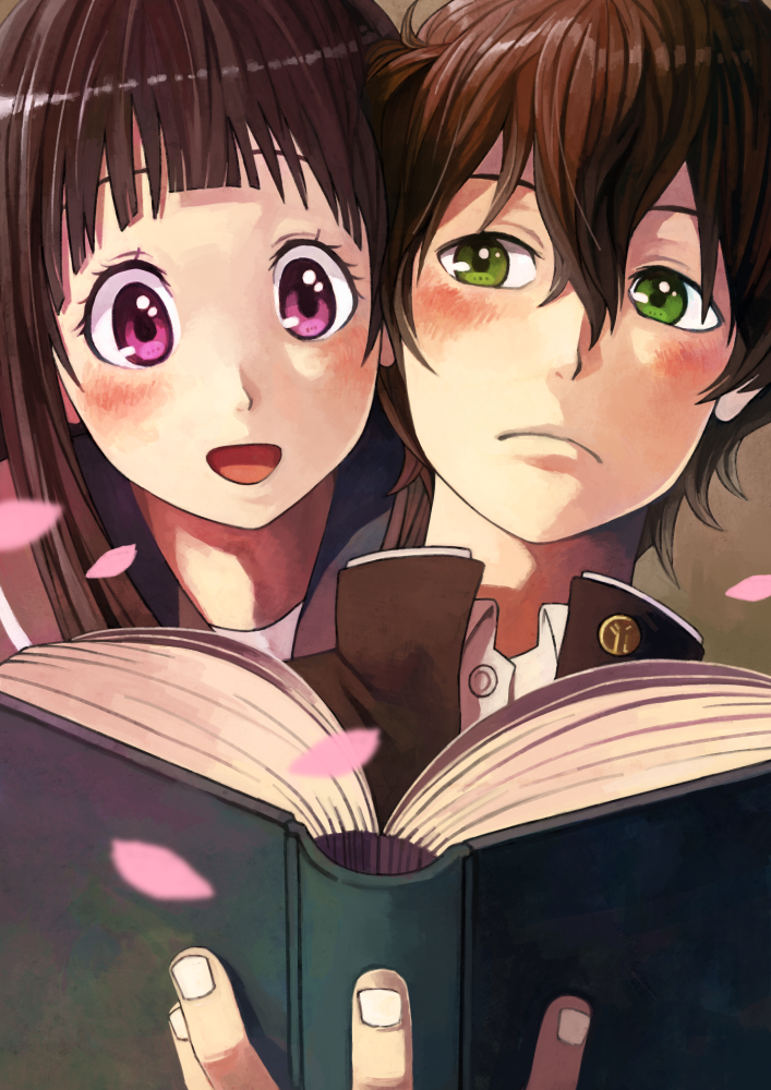 1boy, 1girl, birdmountain, black_hair, book, brown_eyes, chitanda_eru, green_eyes