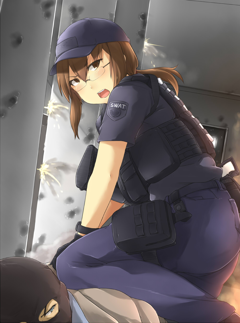 1girl, assault_rifle, ayyh, balaclava, battlefield_(series), battlefield_hardline, bulletproof_vest, glasses, gun, handgun, hat, highres, open_mouth, pistol, plate_carrier, police, rifle, swat, weapon