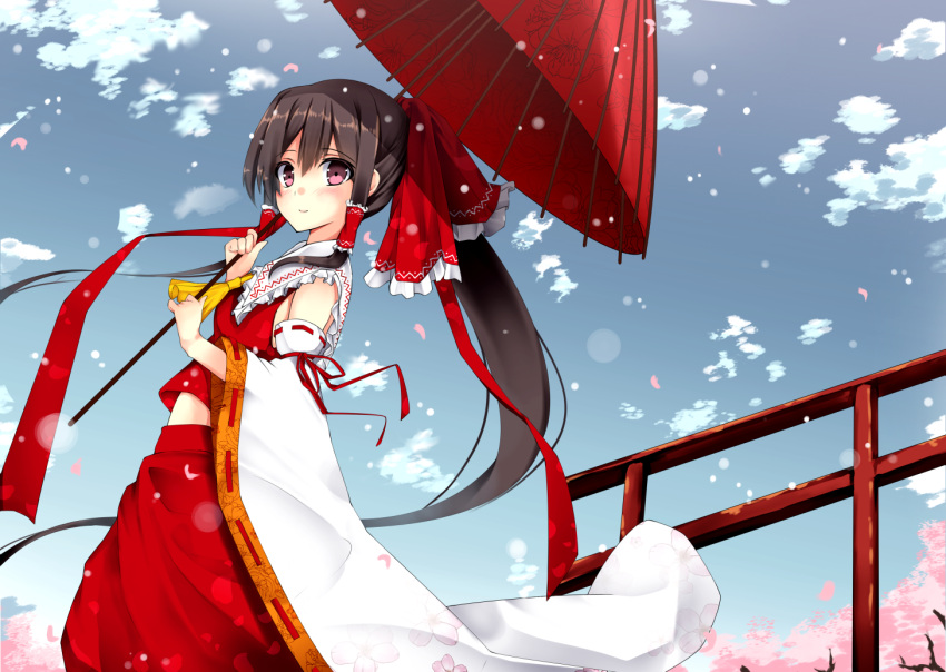 1girl, alternate_hairstyle, bow, cherry_blossoms, detached_sleeves, hair_bow, hair_tubes, hakurei_reimu