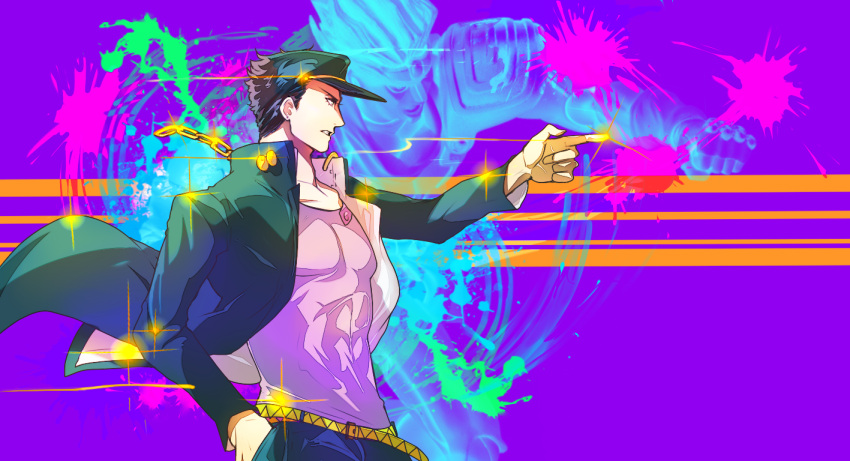 2boys, black_hair, boorunrun, hat, jojo_no_kimyou_na_bouken, kuujou_joutarou, long_coat, multiple_boys