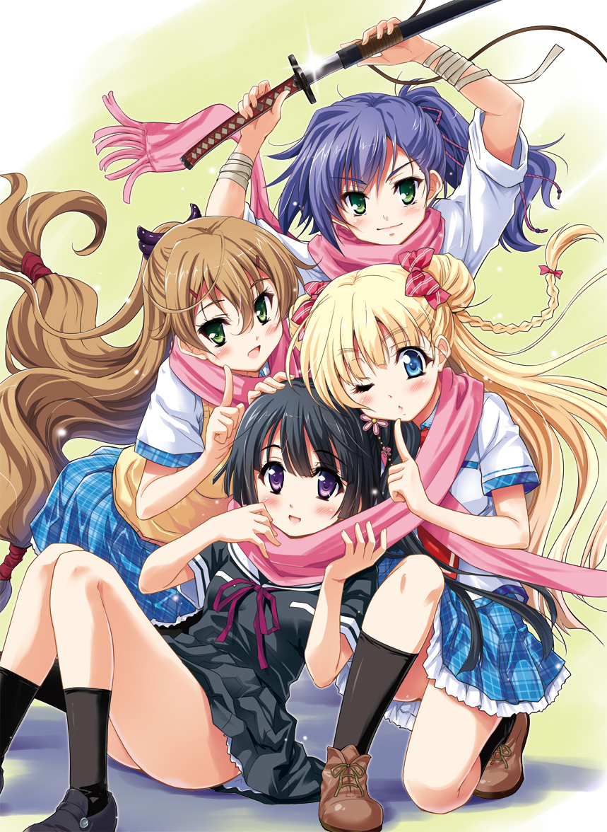 4girls, :d, arms_up, bandages, black_hair, black_legwear, blonde_hair, blue_eyes, blush, bow, braid, brown_hair, double_bun, green_eyes, hair_between_eyes, hair_bow, hair_ornament, hairclip, hand_on_another's_head, himegoto_union, himeria_la_turion_himeriel, holding_sword, holding_weapon, index_finger_raised, katana, kirishima_yuuki_(himegoto_union), kneehighs, kujou_hijiri, loafers, long_hair, low-tied_long_hair, miyoshino_koharu, multiple_girls, neck_ribbon, one_eye_closed, one_knee, open_mouth, plaid, plaid_skirt, pleated_skirt, purple_hair, ribbon, scarf, school_uniform, shared_scarf, sheath, shirt, shoes, short_sleeves, side_ponytail, sitting, skirt, smile, socks, sparkle, sword, tougarashi_hideyu, twintails, unsheathing, very_long_hair, violet_eyes, weapon