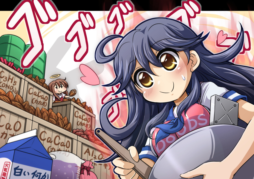 2girls, akagi_(kantai_collection), apron, aura, barrel, bauxite, black_hair, bowl