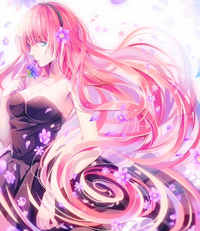 1girl, black_dress, blue_eyes, breasts, cleavage, dress, flower, hair_flower, hair_ornament, hairband, kina_(446964), long_hair, megurine_luka, pink_hair, solo, strapless_dress, very_long_hair, vocaloid