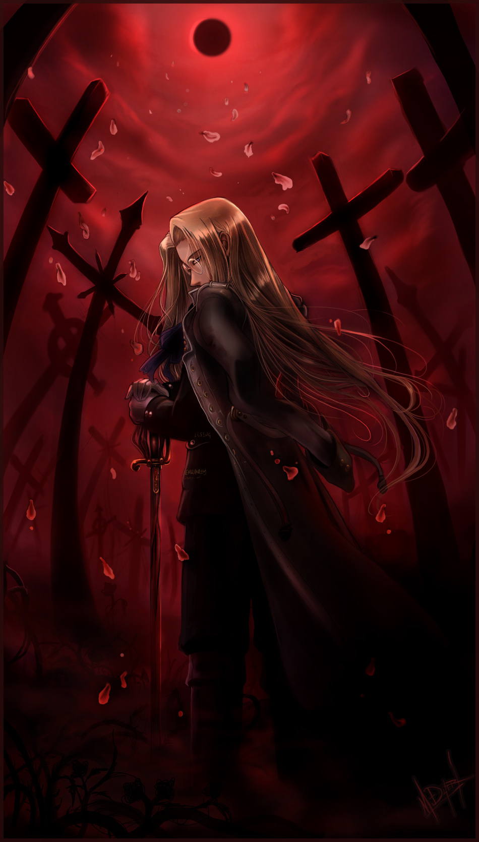blonde_hair, coat, cross, eclipse, glasses, graveyard, hands_on_hilt, hellsing