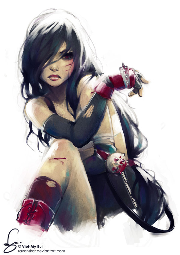 1girl, blood, cuts, elbow_gloves, elbow_rest, final_fantasy, final_fantasy_vii, fingerless_gloves, gloves, hair_over_one_eye, injury, knee_up, long_hair, low-tied_long_hair, messy_hair, ravenskar, simple_background, solo, spiked_knuckles, tifa_lockhart, white_background