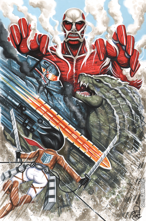 colossal_titan, crossover, gipsy_danger, godzilla, godzilla_(series), mecha, mikasa_ackerman, pacific_rim
